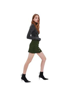 Zara Womens L Green Animal Print Mini Skirt Leopard Side Button Y2K Indie Sleaze
